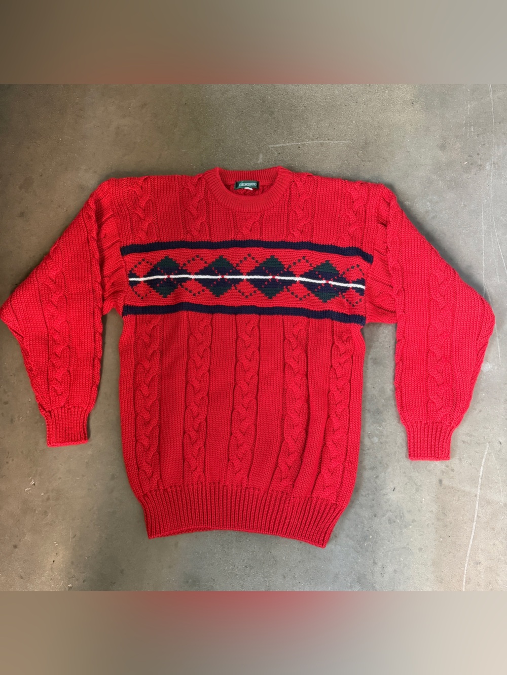 VTG 90s Red Black Navy Cable Knit crew neck Sweater Argyle pattern wool medium